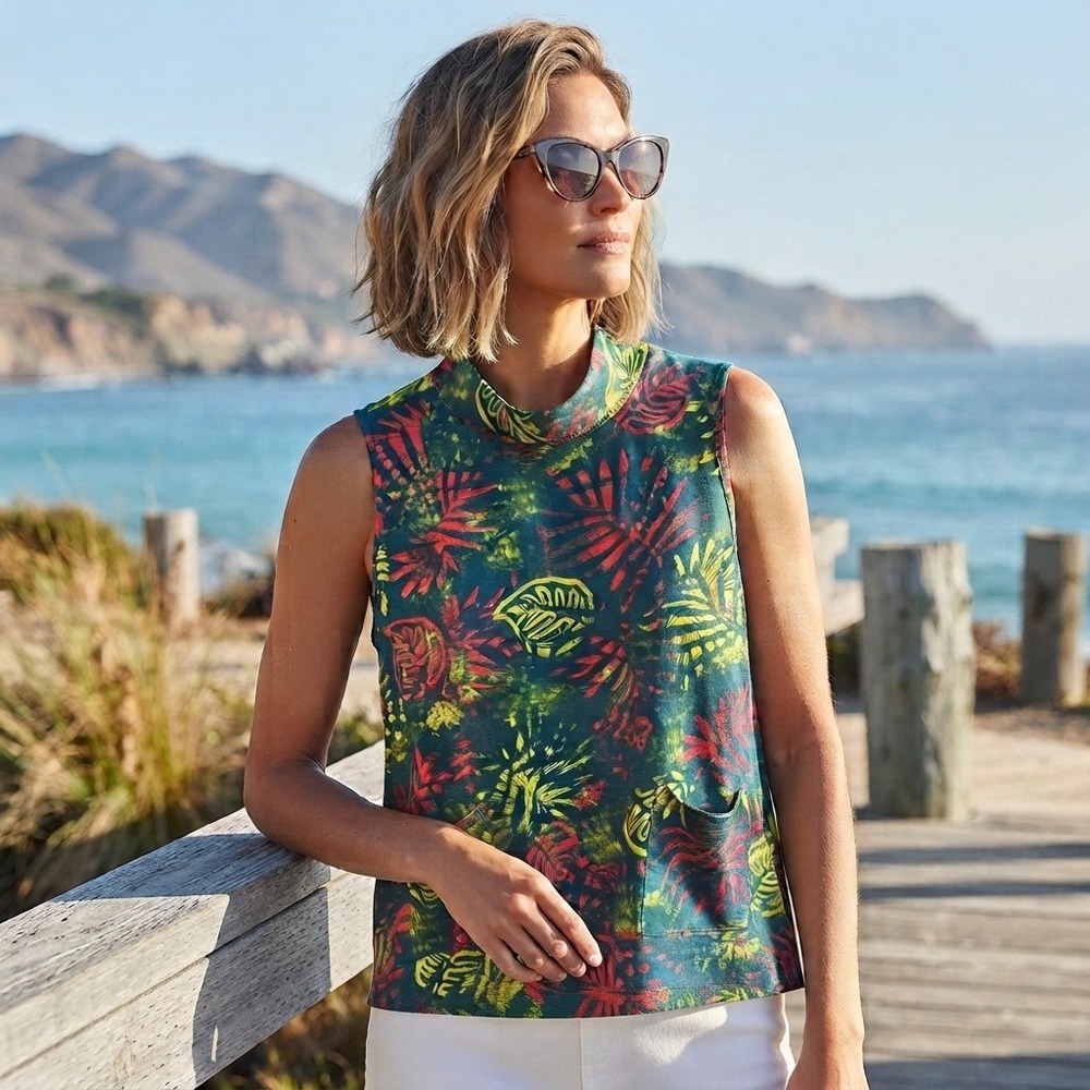 Komil Teal Tropical Leaf Print Sleeveless Mock Neck Tunic Pockets Med Lagenlook